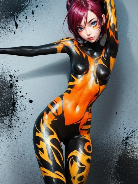 coquettish girl , skinny body , euphoria , bold action , sloppy anime costume bodypaint , melting paint of bodypaint , in comicon , Contemporary dance