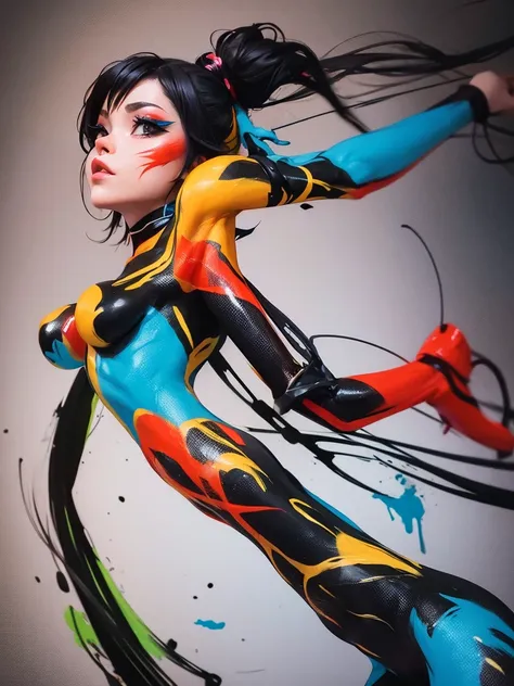 coquettish girl , skinny body , euphoria , bold action , sloppy anime costume bodypaint , melting paint of bodypaint , in comicon , Contemporary dance