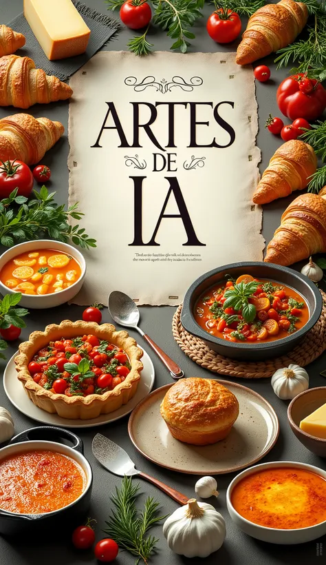 "Create a realistic and vibrant cover image for a book titled Artes de IA The scene should feature a beautifully arranged assortment of classic French dishes, all freshly prepared and plated. The dishes include croissants, quiche, ratatouille, coq au vin, ...