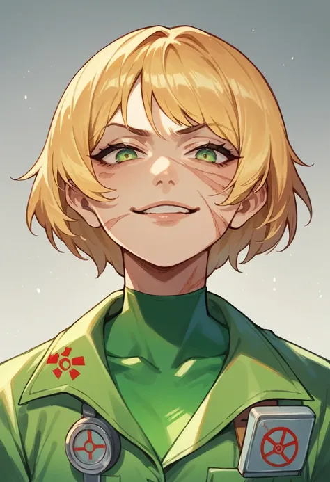 anime biologist girl, radiation expert, radiation scars on face, short hair, ominous and agressive smug, blonde hair, green goo ...