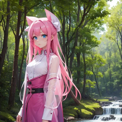 Translucent Zero Water, Good velvet quality, Zero Server, Compared, Light exposure, blue eyes, Pink Hair, Woods background, Absolute Strength,