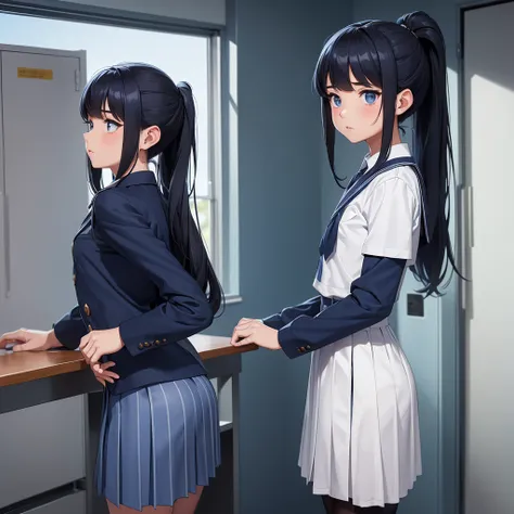 1 Girl, Solitary, Laura S.。. arseid (Dark blue long hair, Ponytail and Side Bangs, Small chest), (Inspired by《Shining Trails》) Showing off her school uniform, in military school, shy