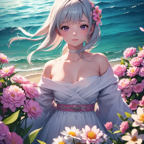 (Extremely detailed CG unity 8k wallpaper), light, sea of Flowers, Flowers, 1 Girl, Upper Body, Korean Idol,