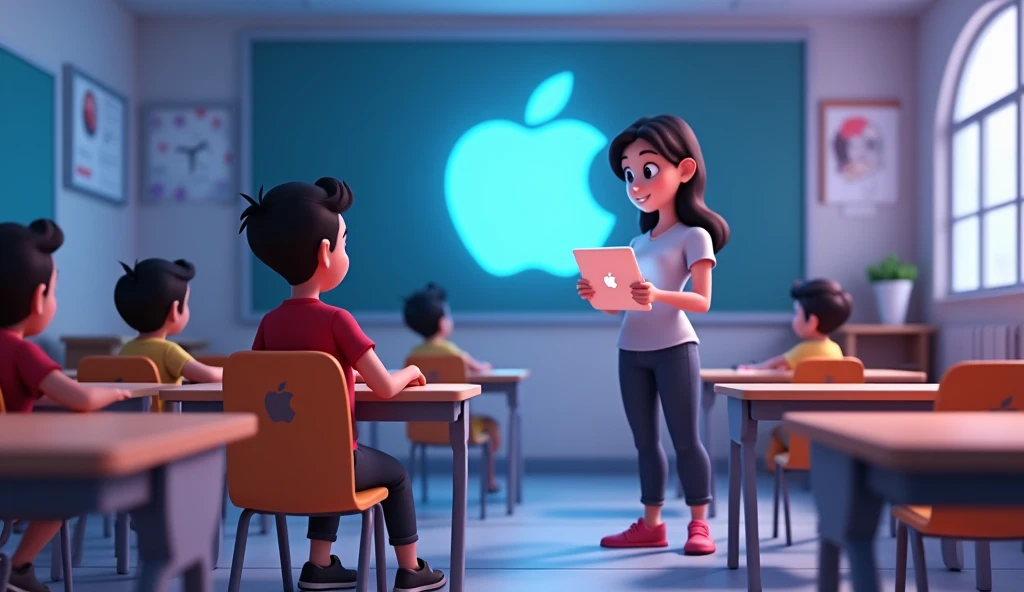 Rohan sitting in an iPhone 16 school classroom, where the teacher uses an iPhone 16 tablet with a glowing Apple logo, and desks and chairs also feature the logo. (3D cartoon animation)