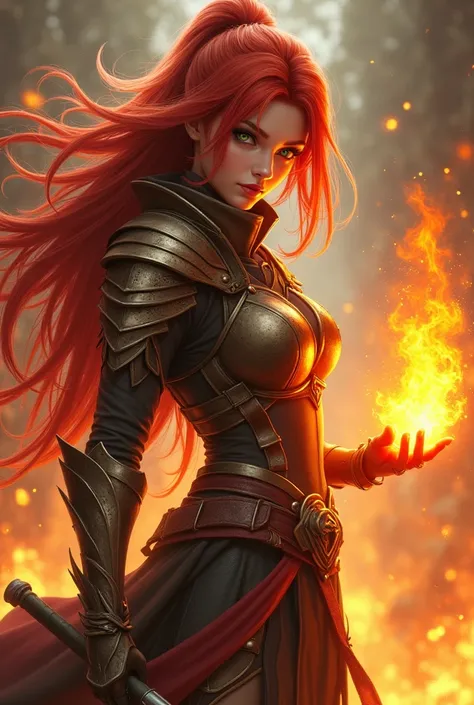 Create beautiful woman , Red hair somewhat loose , stylish combat clothing , green eyes , with fire magic in the right hand, posing sideways