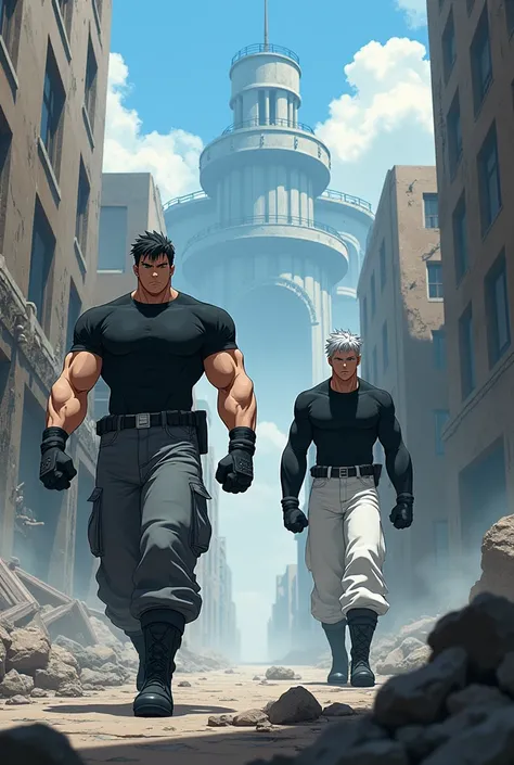 Make an anime image that 2 male characters visit a base in the middle of a destroyed city, Character 1 has a black shirt and black hair, and his very large pants are gray, his boots are black, and his gloves are gray. The character is muscular. Character 2...