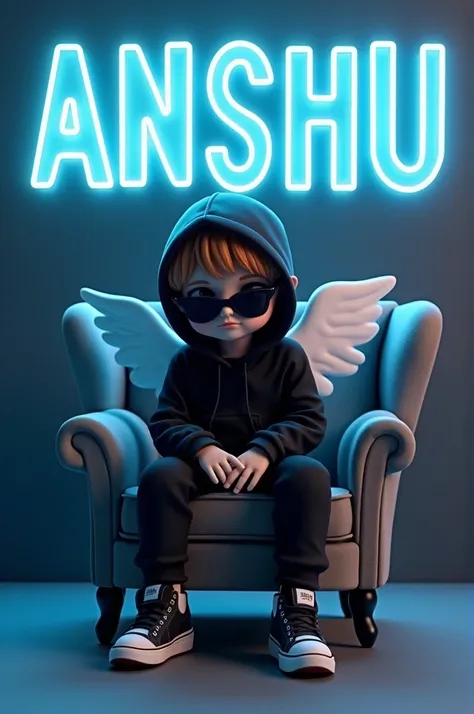 Сreate 3D Vision for a profile picture where a “ cute boy in a black hoodie sitting casually. Wing Back Chair, Wearing sneakers, with black mask, and sunglasses, he looks shead. The background features “anshu” in hig and capital “Blue” neon light fonts the...