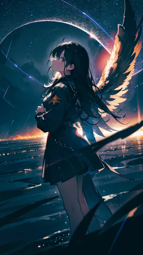 black Angel flying in front of black hole, fly in the sky,rain,night,thunder,Black wings,Female 1,Long black hair,in the sky,真っ黒な羽