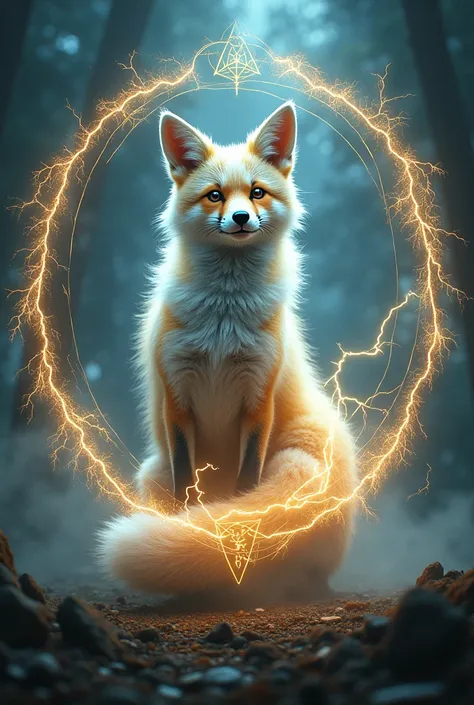 A mystical fox wrapped in lightning, coming out of a magic Summoning circle 