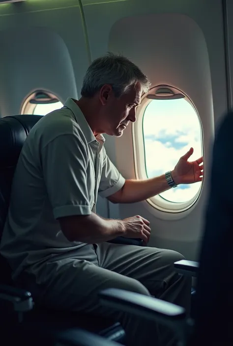 Man opening the window of an airplane in flight
