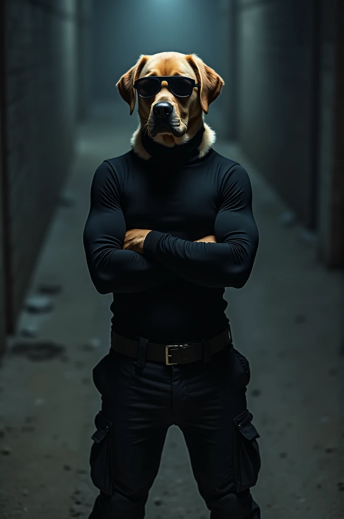 Take a photo of a Labrador dog dressed as a spy, with dark clothes and dark glasses, with arms crossed and seen from top to bottom with a zoom out effect in maximum quality.