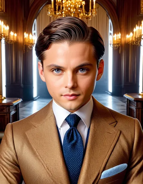 "I&#39;m inside and outside, At the same time, I am attracted and repelled by the endless diversity of life.."
Character facing the camera, looking straight and centered. This is a center portrait image.: Describing the protagonist, Nick Carraway, On the e...