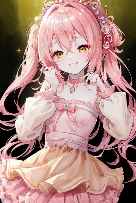 ((4K, masterpiece, Highest quality)), cute,Pink Hair, Medium chest、Yellow Eyes,Very long half twin,smile,Double teeth,Close your eyes,View your viewers,Red cheeks、smile、Vocaloid、Idol、ring、sexy、On stage