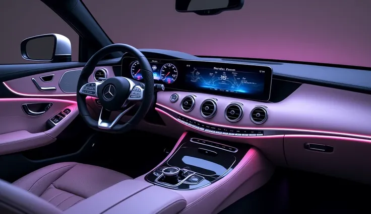 A luxurious car interior featuring a modern dashboard with a large central touchscreen display, digital instrument cluster, and sleek controls. The steering wheel bears the Mercedes-Benz logo and has integrated navigation and audio control buttons. Ambient...