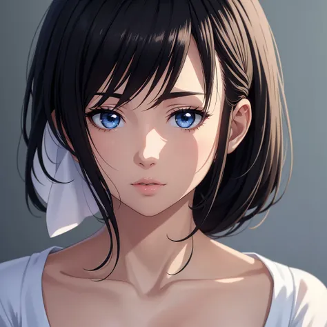 Anime Girl, Realistic shadows, Delicate skin, Very small breasts, Black Hair, Very detailed, 8k highly detailed face, Perfect facial contours, Full, perfect lips, Perfect nose, Correction of beautiful eyes, Viewers, White shirt, Hair accessories, masterpie...