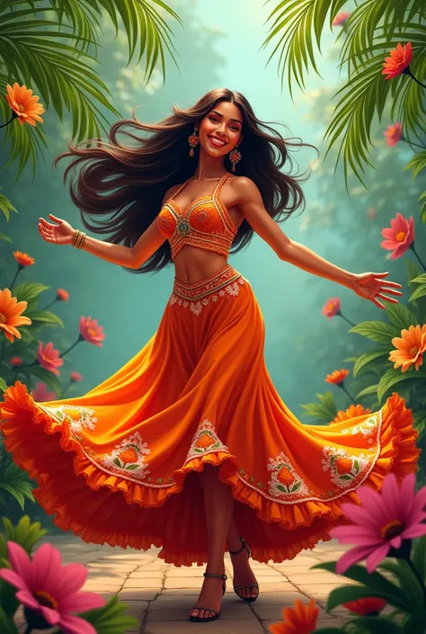 A Central American woman dancing happily in a beautiful and cheerful dress 