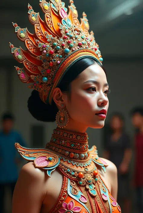 3-dimensional fashion design for a carnival competition with an Indonesian theme, including a crown and neck decoration