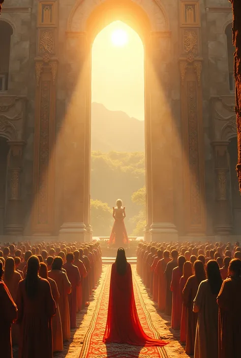 In front of the ancient palace,a queen and her people are worshiping the morning sun