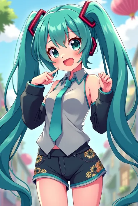 Miku in anime cartoon style with short shorts 