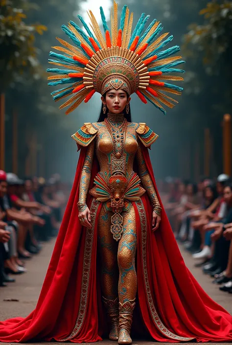 3-dimensional fashion design for a carnival competition with an Indonesian theme, including a crown and neck decoration full body