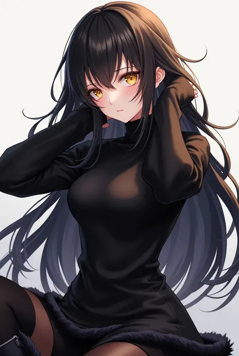 Anime style girl with long black hair wearing black furry boots and a black sweater with her hands back on her head and with golden eyes 