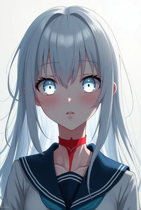 A white woman with short white hair with bright white eyes with a red mark on her neck and is dressed as a student (anime style)