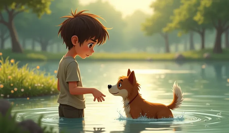 A young boy with brown hair and a stray dog are inseparable companions. The boy has short, messy brown hair and wears simple, slightly worn clothes—an old t-shirt and pants. His expression is a mix of quiet determination and a hint of sadness. The stray do...