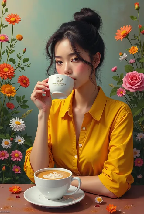 Surreal impasto style, hyper realistic full body of a very beautiful and charming girl, sipping a cup of hot milk coffee with the name "Trung Nguyen Legend" engraved precisely in the middle of the cup, the beautiful girl is sitting alone in a peaceful and ...