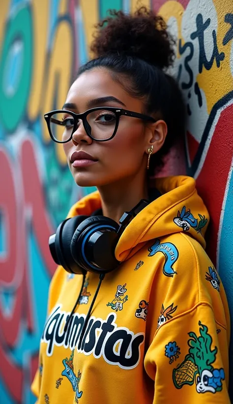 "A captivating and ultra-realistic-style portrait of a trendy Brazilian women. She stands confidently against a graffiti-covered wall, wearing a vibrant, eye-catching hoodie adorned with cartoon-themed designs and the bold text Alquimistas. Her stylish eye...