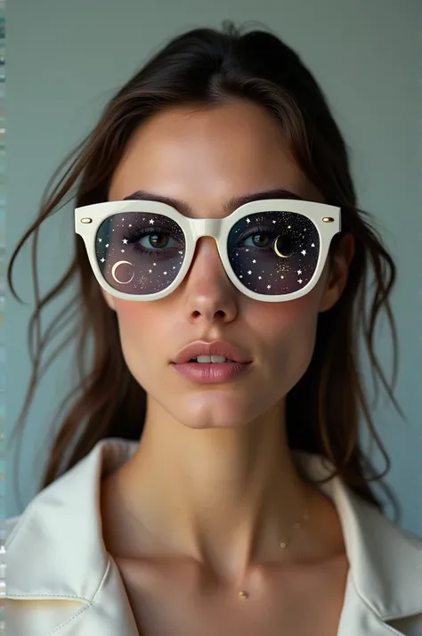 The model is wearing glass sunglasses with stars and the moon on the glass