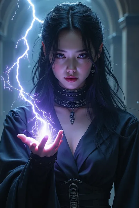 Create beautiful adult woman , loose black hair , stylish black combat clothing  , lilac eyes , with thunder magic in his right hand, front pose,realist, dark fantasy, night atmosphere , 