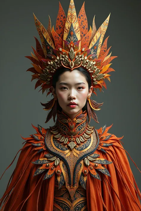 3-dimensional fashion design for the carnival competition with batik motifs with a natural Indonesian theme, including a crown and full body neck decoration