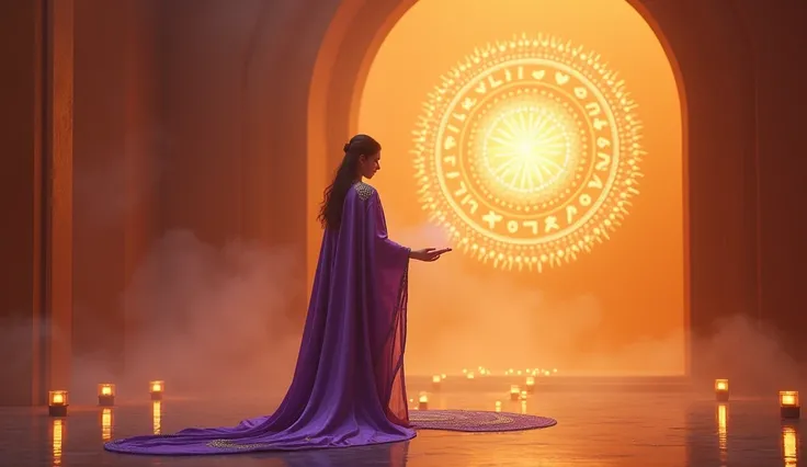 "Create an ULTRA REALISTIC image of a beautiful room lit by soft light, with VERY DARK ORANGE walls. Next to the wall, a priestess looking at the screen in a violet tunic and cape with golden threads is performing a spiritual cleansing ritual, radiesthetic...