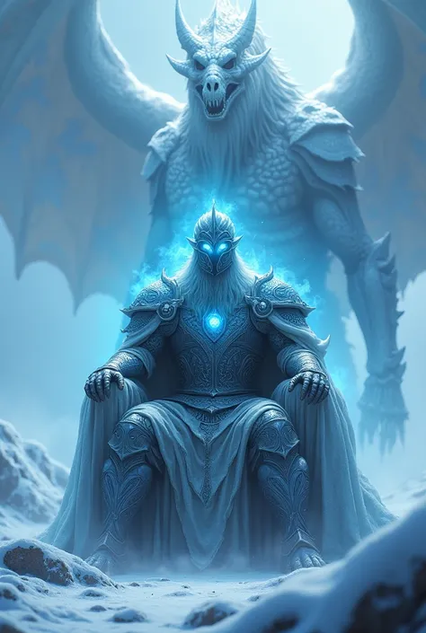 (best quality,4K,high resolution,masterpiece:1.2),Wide-angle lens, Ice Throne,Knight in ancient armor sitting on the ice throne,Rune-engraved armor,lich king,A blue mist is floating in the air,Eyes shining blue,The huge shining bone dragon in the backgroun...