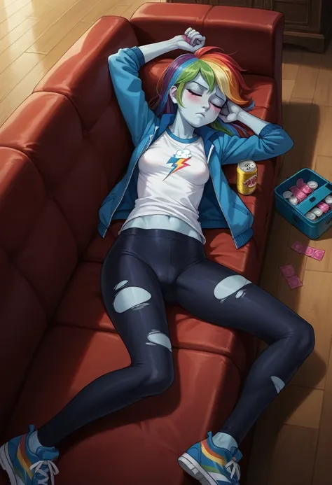 Rainbow Dash the movie "Mlp equestria girls", blue skin, by the wide, annoyed, lying on the sofa, face down, sad, , sleeping, blushing, small breasts, open legs, white blouse with a lightning bolt, blue jacket, black sports leggings , beer cans on the floo...