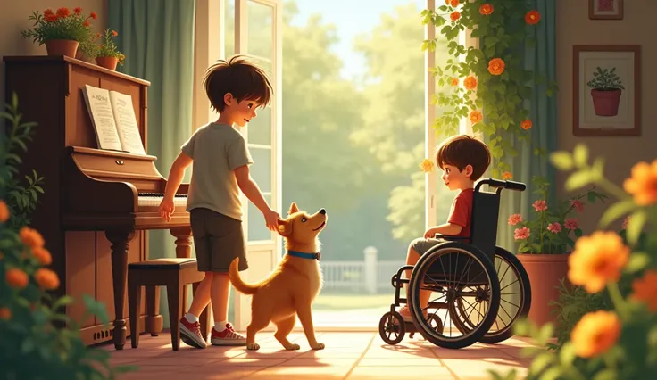 A heartwarming scene featuring a young boy with brown hair and a stray dog arriving at a house with a vibrant garden full of colorful flowers. The boy has short, messy brown hair and wears modest clothes. He gently knocks on the door, and a child in a whee...