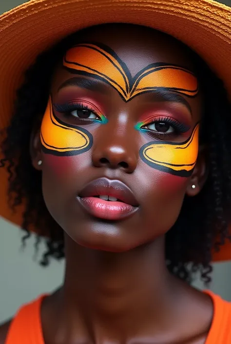 Artistic makeup with lines similar to the print of a turned-up hat from Colombia for dark skin