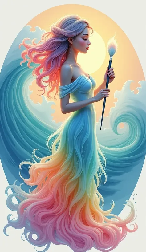 Dreamlike concept art, cartoon, soft colors, side view of a adult female figure with translucent skin and flowing watercolor hair with subtle sea wave gradients, vibrant layered dress with gradient rainbow palette, big glowing paintbrush in hand, a gentle ...