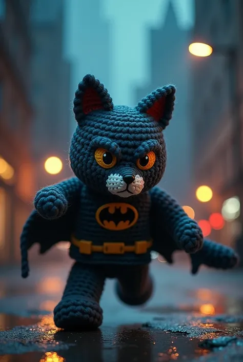 a Cat lego figure made fully out of crocheted yarn, action pose, batman horror movie, nighttime in gotham city, medium shot,