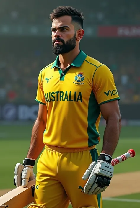 If Virat Kohli wears Australia cricket jersy with criket bat on his hand
