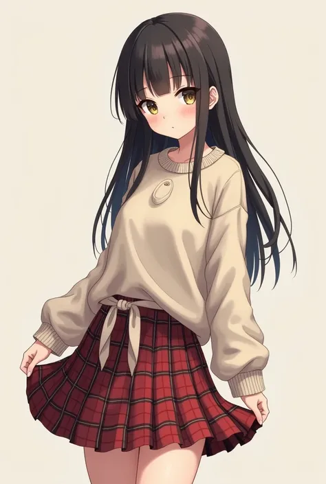 generates an image of a Japanese girl wearing a short, pleated, plaid skirt and a sweater tied at the waist as realistically as possible, raising the skirt

