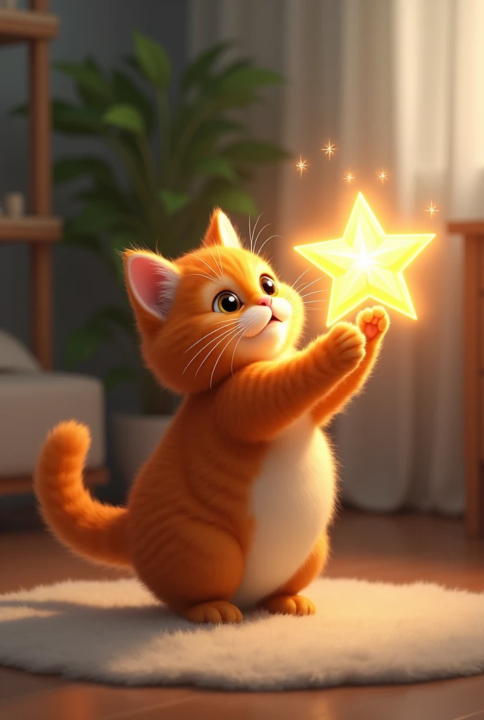 Orange furry cat playing with a star