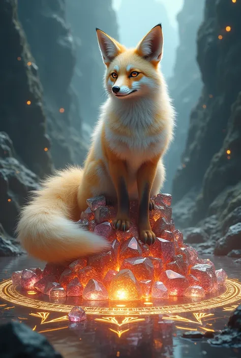 A nine-tailed fox sitting on a mountain of precious stones, coming out of a magic Summoning circle 