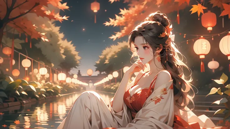 Autumn Night, Lanterns, 1 woman alone, cleavage, Sweet Nighttime Experience