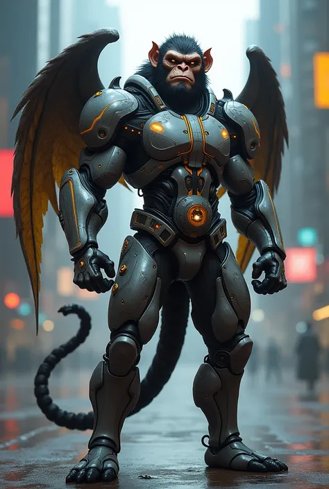 A strong looking man, wearing a cyberpunk armored design like monkey, smiling, with wings & tails showing