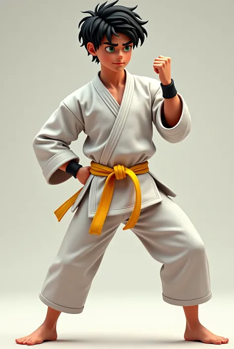 Percy Jackson, black hair, sea green eyes, clear skin, adolescent, martial artist, karate, white dogi yellow ribbon, 13 years, Athletic and muscular body without exaggeration, 3D anime style