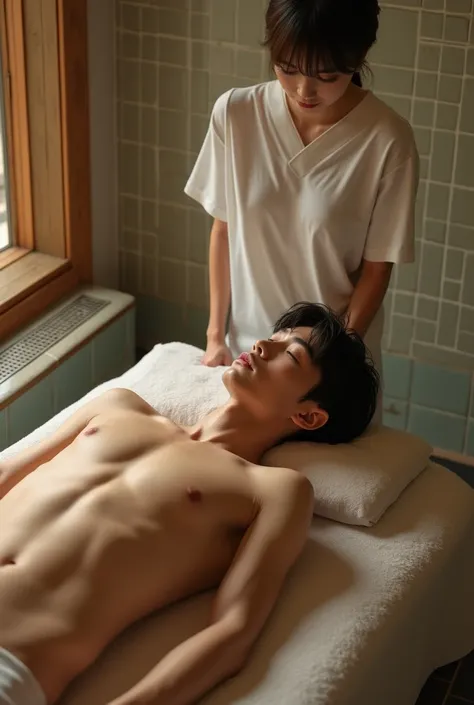 Handsome Japanese boy 、Completely naked、Full nudity、完全Completely naked、Slim body、Slender and muscular、Photorealistic、photograph、Handsome with an idol face、Lie on your back on the massage table、A young woman in a jersey next to her、Inside the super public b...