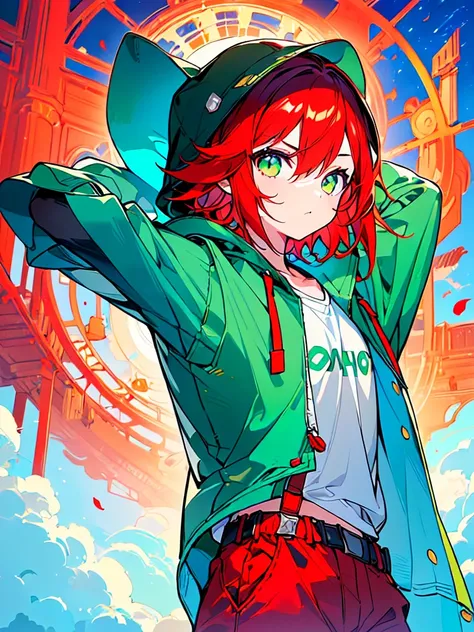 [(CITY POP BACKGROUND:1.5),::5], ((((masterpiece)))), high quality, ultra very high resolution, full color, (((solo))), ((little boy)), ((mens short red hair)), (Green eyes), anime, ((upper body)), Summer clothes, black parka, night