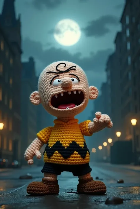 a Charlie Brown lego figure made fully out of crocheted yarn, action pose, horror movie, nighttime in gotham city, medium shot,