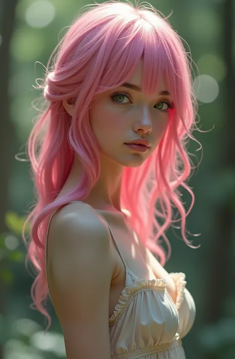 1girl, pink hair, green eyes, nakid